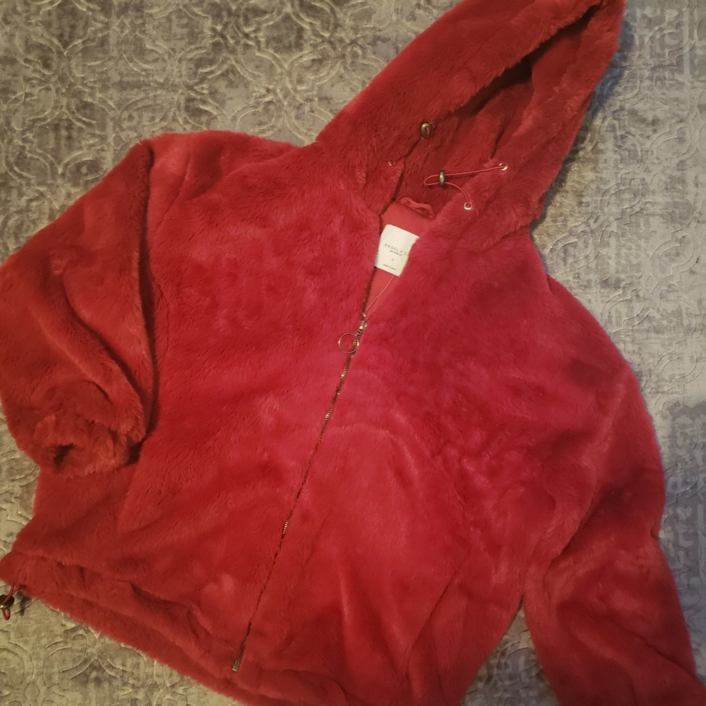 Burgandy red fur faux coat zip hoodie jacket Small